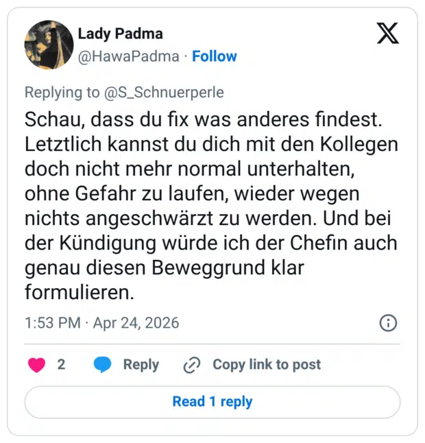 Schau, dass du fix was anderes findest. Letztlich kannst du dich mit den Kollegen doch nicht mehr normal unterhalten, ohne Gefahr zu laufen, wieder wegen nichts angeschwärzt zu werden. Und bei der Kündigung würde ich der Chefin auch genau diesen Beweggrund klar formulieren.