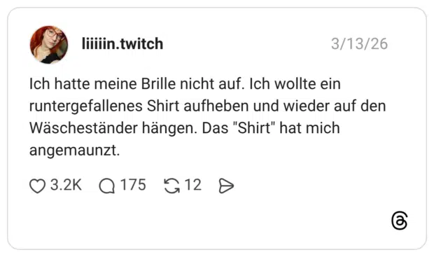 Ich hatte meine Brille nicht auf. Ich wollte ein runtergefallenes Shirt aufheben und wieder auf den Wäscheständer hängen. Das "Shirt" hat mich angemaunzt.