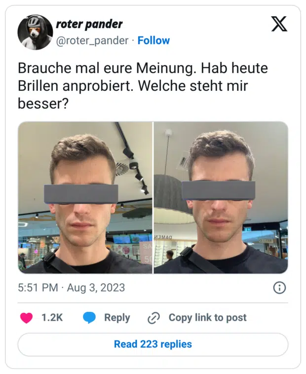 Brauche mal eure Meinung. Hab heute Brillen anprobiert. Welche steht mir besser?
