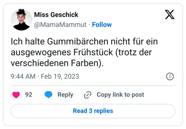 Ich halte Gummibärchen nicht für ein ausgewogenes Frühstück (trotz der verschiedenen Farben).