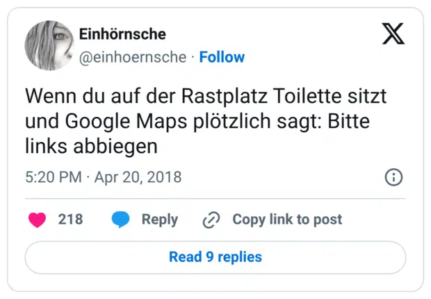 Wenn du auf der Rastplatz Toilette sitzt und Google Maps plötzlich sagt: Bitte links abbiegen