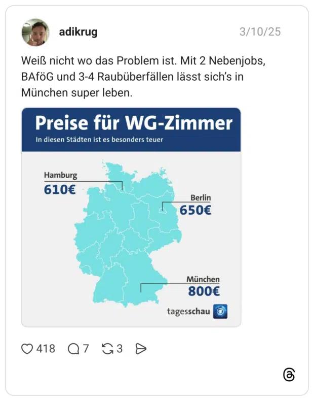 Weiß nicht wo das Problem ist. Mit 2 Nebenjobs, BAföG und 3-4 Raubüberfällen lässt sich’s in München super leben.