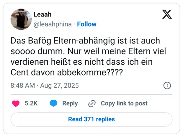 Das Bafög Eltern-abhängig ist ist auch soooo dumm. Nur weil meine Eltern viel verdienen heißt es nicht dass ich ein Cent davon abbekomme????