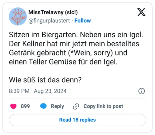 itzen im Biergarten. Neben uns ein Igel. Der Kellner hat mir jetzt mein bestelltes Getränk gebracht (*Wein, sorry) und einen Teller Gemüse für den Igel. Wie süß ist das denn?