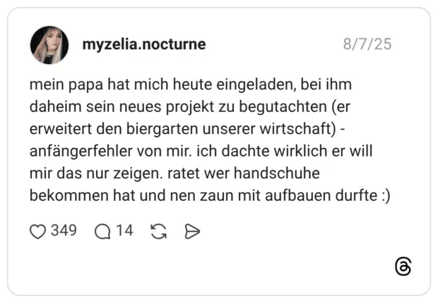mein papa hat mich heute eingeladen, bei ihm daheim sein neues projekt zu begutachten (er erweitert den biergarten unserer wirtschaft) - anfängerfehler von mir. ich dachte wirklich er will mir das nur zeigen. ratet wer handschuhe bekommen hat und nen zaun mit aufbauen durfte :)