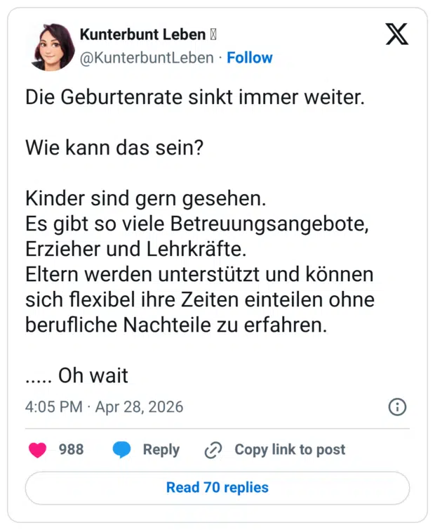 Die Geburtenrate sinkt immer weiter. Wie kann das sein? Kinder sind gern gesehen. Es gibt so viele Betreuungsangebote, Erzieher und Lehrkräfte. Eltern werden unterstützt und können sich flexibel ihre Zeiten einteilen ohne berufliche Nachteile zu erfahren