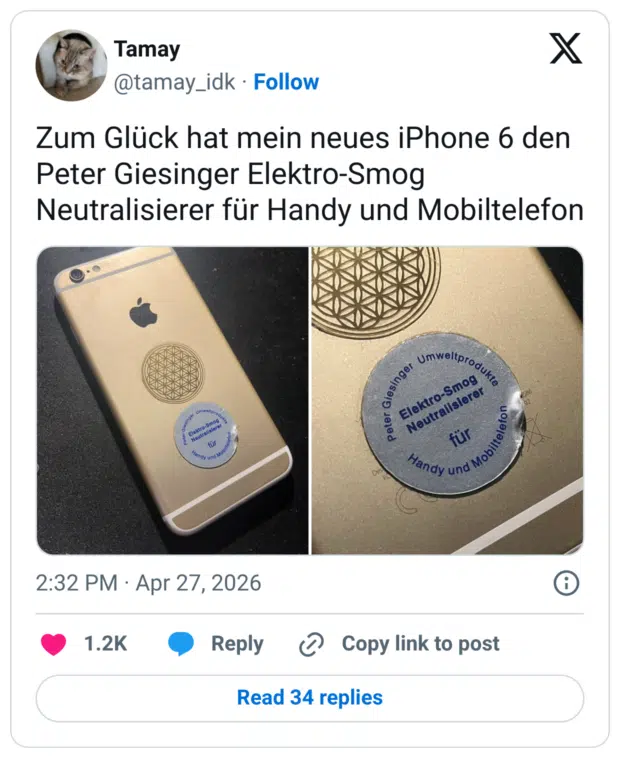 Zum Glück hat mein neues iPhone 6 den Peter Giesinger Elektro-Smog Neutralisierer für Handy und Mobiltelefon