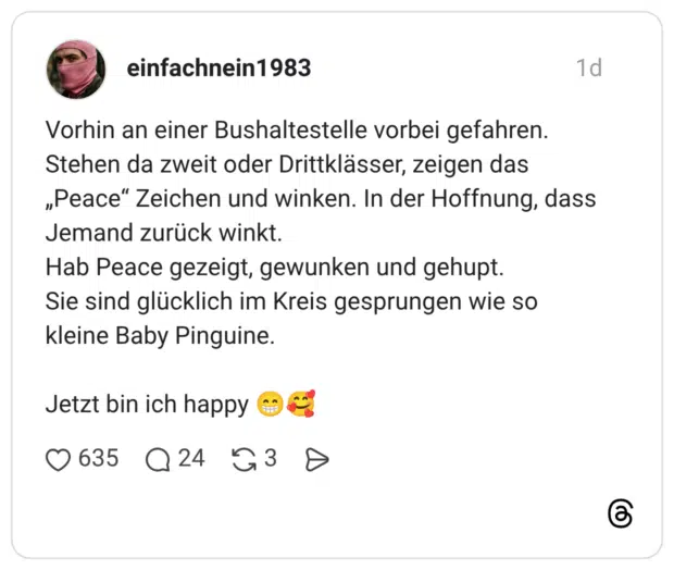 Vorhin an einer Bushaltestelle vorbei gefahren. Stehen da zweit oder Drittklässer, zeigen das „Peace“ Zeichen und winken. In der Hoffnung, dass Jemand zurück winkt. Hab Peace gezeigt, gewunken und gehupt. Sie sind glücklich im Kreis gesprungen wie so kleine Baby Pinguine. Jetzt bin ich happy 😁🥰