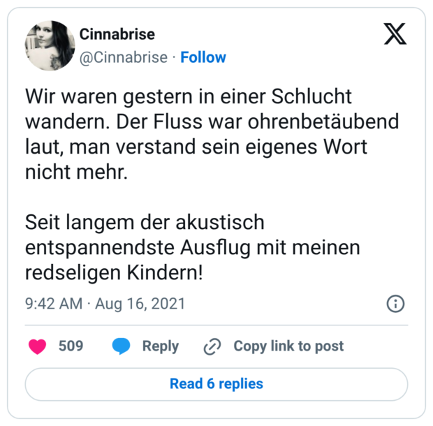 Wir waren gestern in einer Schlucht wandern. Der Fluss war ohrenbetäubend laut, man verstand sein eigenes Wort nicht mehr. Seit langem der akustisch entspannendste Ausflug mit meinen redseligen Kindern!