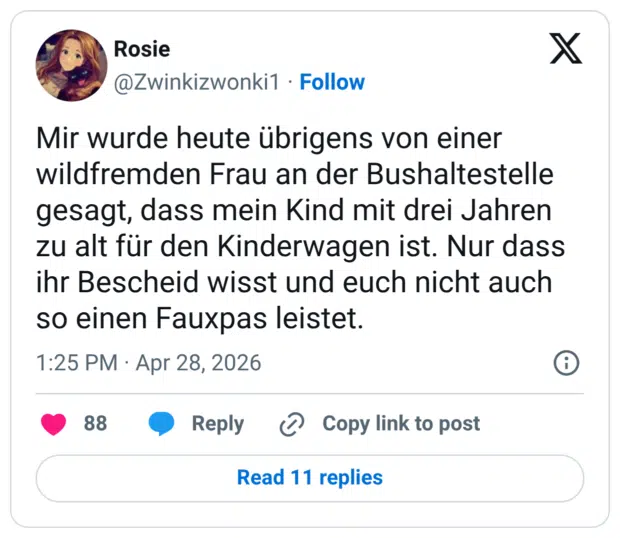 Mir wurde heute übrigens von einer wildfremden Frau an der Bushaltestelle gesagt, dass mein Kind mit drei Jahren zu alt für den Kinderwagen ist. Nur dass ihr Bescheid wisst und euch nicht auch so einen Fauxpas leistet.