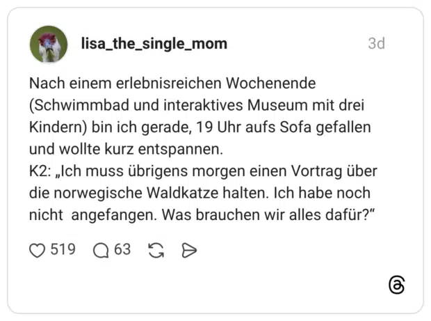 Nach einem erlebnisreichen Wochenende (Schwimmbad und interaktives Museum mit drei Kindern) bin ich gerade, 19 Uhr aufs Sofa gefallen und wollte kurz entspannen. K2: „Ich muss übrigens morgen einen Vortrag über die norwegische Waldkatze halten. Ich habe noch nicht angefangen. Was brauchen wir alles dafür?