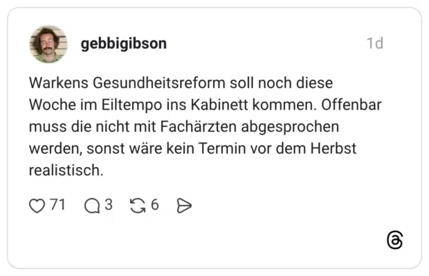 Warkens Gesundheitsreform soll noch diese Woche im Eiltempo ins Kabinett kommen. Offenbar muss die nicht mit Fachärzten abgesprochen werden, sonst wäre kein Termin vor dem Herbst realistisch.