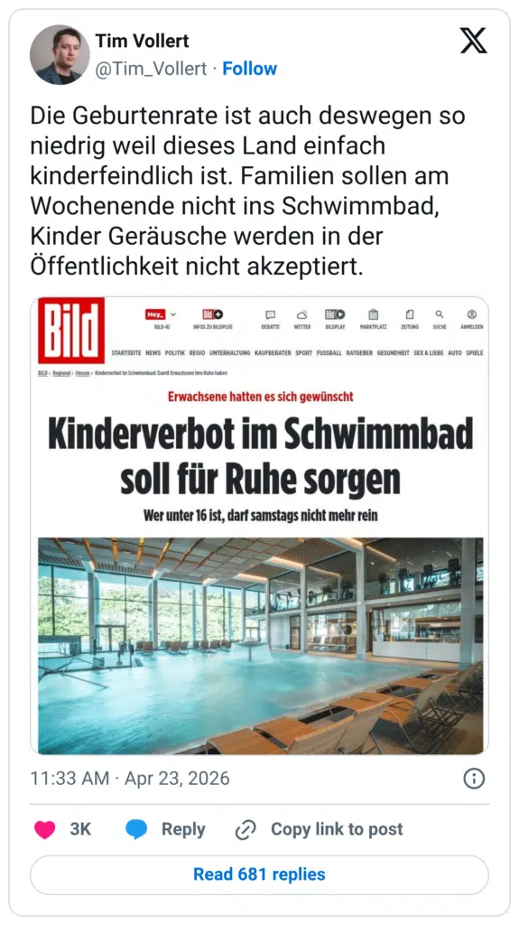 Die Geburtenrate ist auch deswegen so niedrig weil dieses Land einfach kinderfeindlich ist. Familien sollen am Wochenende nicht ins Schwimmbad, Kinder Geräusche werden in der Öffentlichkeit nicht akzeptiert.