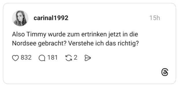 Also Timmy wurde zum ertrinken jetzt in die Nordsee gebracht? Verstehe ich das richtig?
