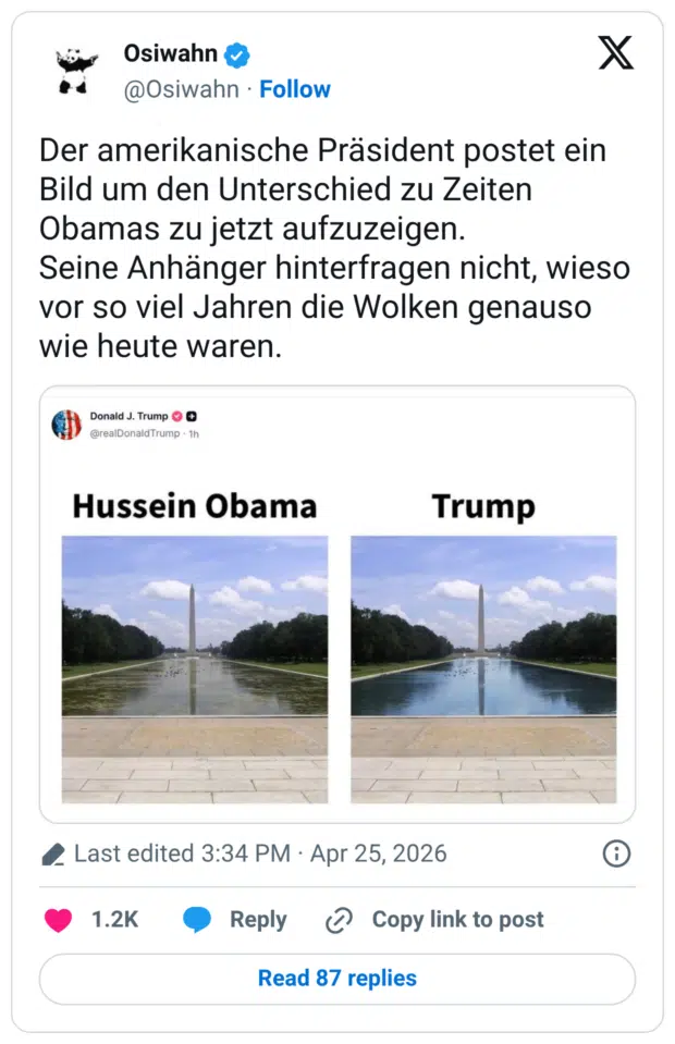 Der amerikanische Präsident postet ein Bild um den Unterschied zu Zeiten Obamas zu jetzt aufzuzeigen. Seine Anhänger hinterfragen nicht, wieso vor so viel Jahren die Wolken genauso wie heute waren.
