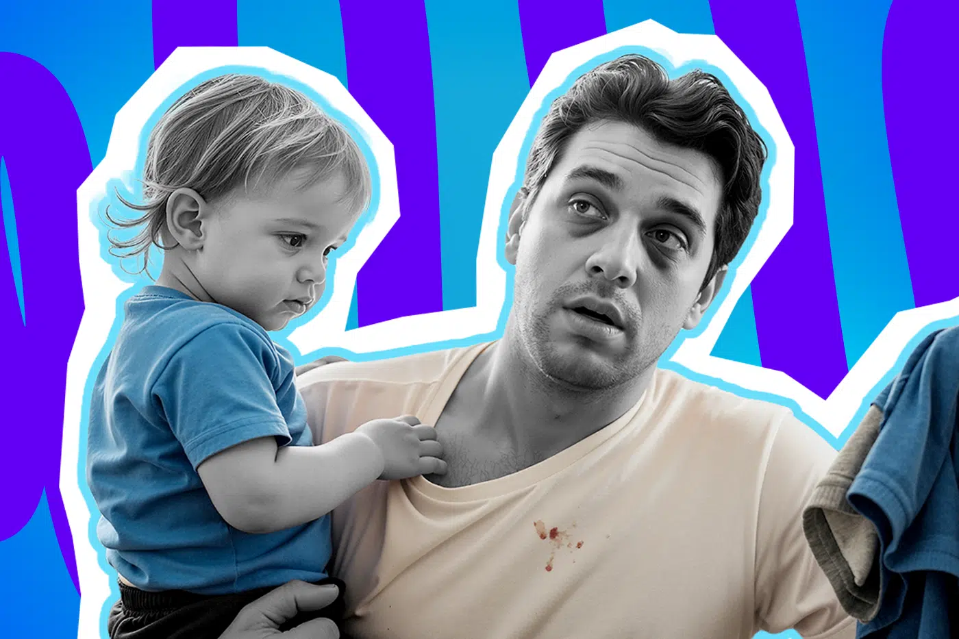 Ausdrucksstarke Collage zum Thema Eltern-Realität und Erschöpfung im Familienurlaub: Im Zentrum steht ein völlig übermüdeter Vater in Schwarz-Weiß, der mit dunklen Augenringen und einem leeren, verzweifelten Blick nach oben schaut. Er trägt ein helles T-Shirt mit einem auffälligen Schmutz- oder Essensfleck auf der Brust. Auf dem Arm hält er ein Kleinkind in Schwarz-Weiß, das ein leuchtend blaues T-Shirt trägt, welches farblich extrem stark hervortritt. Am rechten Bildrand ist ein Stapel unordentlicher Wäsche zu erkennen. Das Pop-Art-Motiv vor einem markanten blau-violetten Wellen-Hintergrund visualisiert pointiert den massiven Schlafmangel junger Eltern, die ungeschönte Realität der Care-Arbeit und die bittere Erkenntnis, dass ein Urlaub mit Kleinkindern oft nur ein stressiger Ortswechsel unter erschwerten Bedingungen ist.
