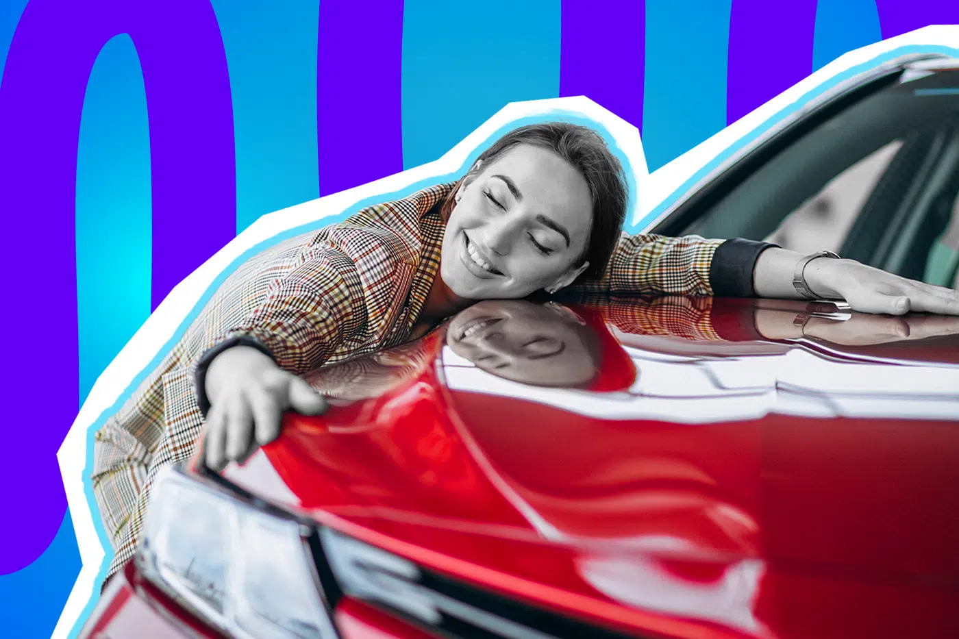 Humorvolle Collage zum Thema Autoliebe, Park-Fails und Fahralltag: Im Zentrum steht eine junge Frau in Schwarz-Weiß, die mit geschlossenen Augen und einem seligen Lächeln die Motorhaube eines leuchtend roten, glänzenden Autos innig umarmt. Das rote Auto tritt farblich extrem stark hervor und das Gesicht der Frau spiegelt sich leicht im polierten Lack. Sie trägt einen karierten Blazer. Das Pop-Art-Motiv vor einem markanten blau-violetten Wellen-Hintergrund visualisiert pointiert die tiefe, emotionale Bindung zum eigenen Fahrzeug, die im starken, ironischen Kontrast zum täglichen Wahnsinn der Parkplatzsuche und der puren Verzweiflung beim seitlichen Einparken steht.