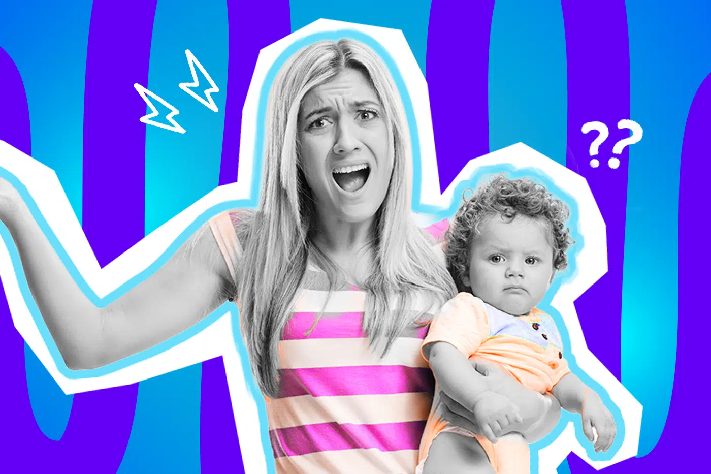 Humorvolle Collage zum Thema Babysitten, elterliche Überforderung und Kinderbetreuung: Im Zentrum steht eine junge Frau in Schwarz-Weiß, die völlig gestresst und verzweifelt mit weit aufgerissenem Mund in die Kamera blickt, während sie eine Hand hilfesuchend hebt. Sie trägt ein leuchtend pink-weiß gestreiftes Oberteil, das farblich extrem stark hervortritt. Auf ihrem Arm hält sie ein Baby in Schwarz-Weiß mit Locken, das im starken Kontrast zur Panik der Frau extrem ernst, skeptisch und völlig unbeeindruckt dreinschaut. Das Kind trägt ein zart orangefarbenes Oberteil. Weiße Blitz- und Fragezeichen-Icons rund um die beiden sowie das Pop-Art-Motiv vor einem markanten blau-violetten Wellen-Hintergrund visualisieren pointiert den klassischen Moment der absoluten Überforderung und den humorvollen Clash zwischen verzweifeltem Babysitter und wenig kooperativem Kleinkind.