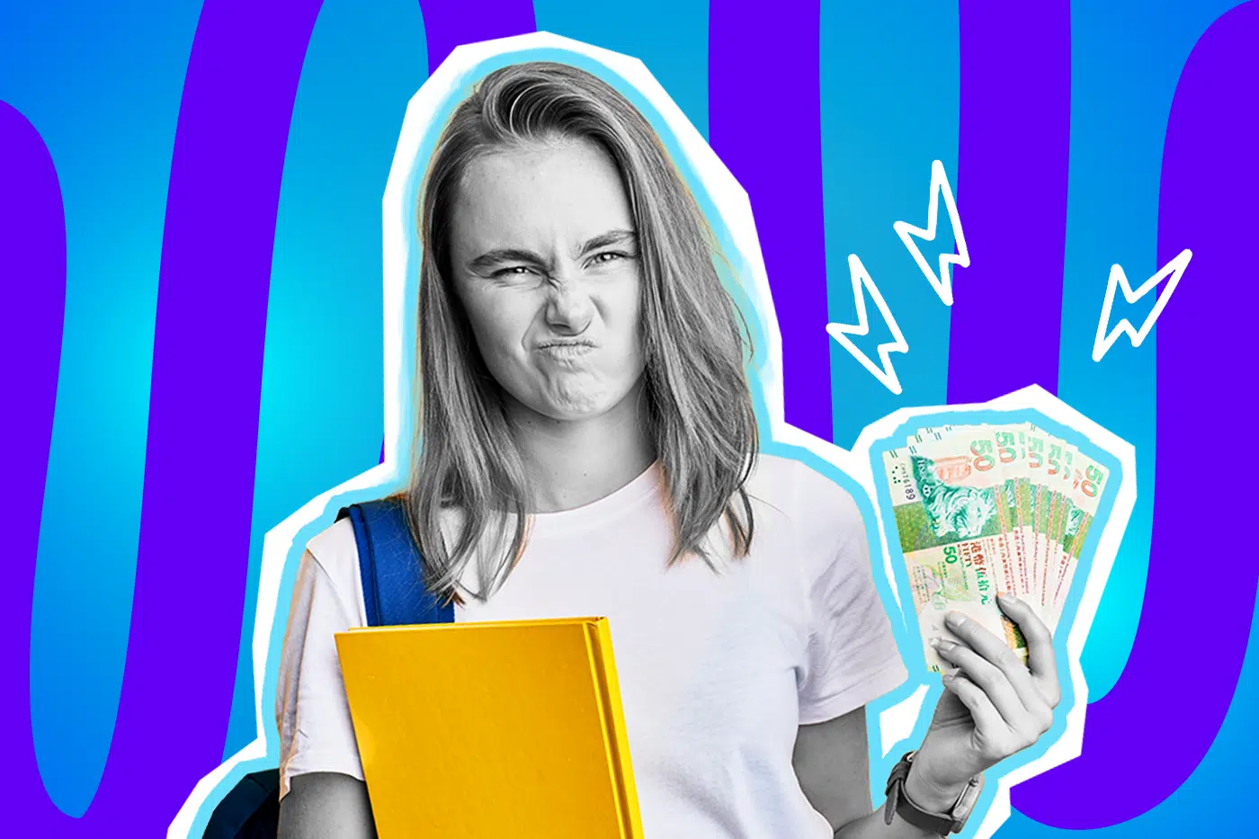 Humorvolle Collage zum Thema Studentenleben, BAföG-Antrag und Bürokratie-Wahnsinn: Im Zentrum steht eine junge Studentin in Schwarz-Weiß, die extrem genervt, skeptisch und leicht angewidert das Gesicht verzieht. Sie trägt ein weißes T-Shirt und hat den leuchtend blauen Gurt eines Rucksacks über der Schulter. Unter dem rechten Arm klemmt ein knallgelbes Buch, während sie in der linken Hand fassungslos einen aufgefächerten Stapel bunter Geldscheine hält. Die farbigen Elemente treten extrem stark hervor. Weiße Blitz-Icons neben ihr und das Pop-Art-Motiv vor einem markanten blau-violetten Wellen-Hintergrund visualisieren pointiert den absoluten Frust, den endlosen Papierkram und den bitteren Moment, wenn man den lächerlich geringen BAföG-Bescheid nach Monaten der Bürokratie endlich in den Händen hält.