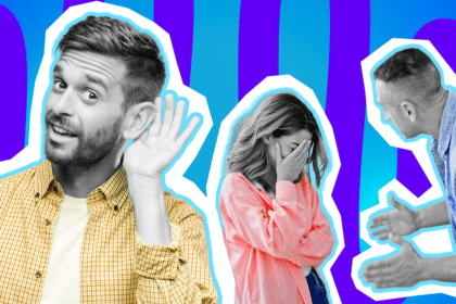 Humorvolle Collage zum Thema Balkon-Realität, Nachbarschafts-Gossip und hellhörige Wohnungen: Auf der linken Seite steht ein Mann in Schwarz-Weiß, der sich neugierig und mit einem amüsierten Lächeln die Hand ans Ohr hält, um heimlich zu lauschen. Er trägt ein leuchtend gelb kariertes Hemd, das farblich stark hervortritt. Auf der rechten Seite ist ein streitendes Paar in Schwarz-Weiß zu sehen: Die Frau schlägt sich fassungslos die Hand vors Gesicht (Facepalm) und trägt ein knallpinkes Hemd, während der Mann in einem leuchtend blauen Hemd wild gestikulierend auf sie einredet. Das Pop-Art-Motiv vor einem markanten blau-violetten Wellen-Hintergrund visualisiert pointiert die ungeschönte Wahrheit des Sommers auf dem Balkon: Statt einer ruhigen Wellness-Oase hat man oft einfach nur einen Logenplatz für das Beziehungsdrama aus der Nachbarwohnung.