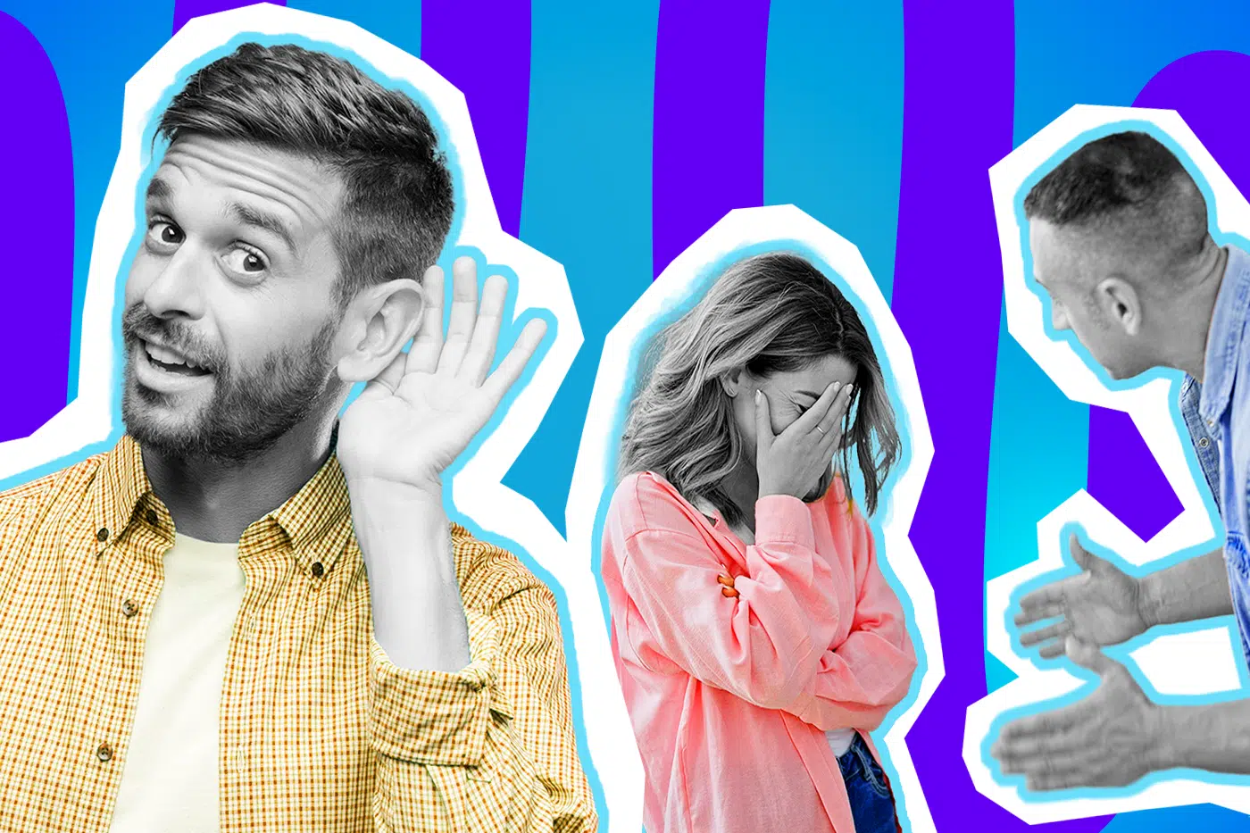 Humorvolle Collage zum Thema Balkon-Realität, Nachbarschafts-Gossip und hellhörige Wohnungen: Auf der linken Seite steht ein Mann in Schwarz-Weiß, der sich neugierig und mit einem amüsierten Lächeln die Hand ans Ohr hält, um heimlich zu lauschen. Er trägt ein leuchtend gelb kariertes Hemd, das farblich stark hervortritt. Auf der rechten Seite ist ein streitendes Paar in Schwarz-Weiß zu sehen: Die Frau schlägt sich fassungslos die Hand vors Gesicht (Facepalm) und trägt ein knallpinkes Hemd, während der Mann in einem leuchtend blauen Hemd wild gestikulierend auf sie einredet. Das Pop-Art-Motiv vor einem markanten blau-violetten Wellen-Hintergrund visualisiert pointiert die ungeschönte Wahrheit des Sommers auf dem Balkon: Statt einer ruhigen Wellness-Oase hat man oft einfach nur einen Logenplatz für das Beziehungsdrama aus der Nachbarwohnung.