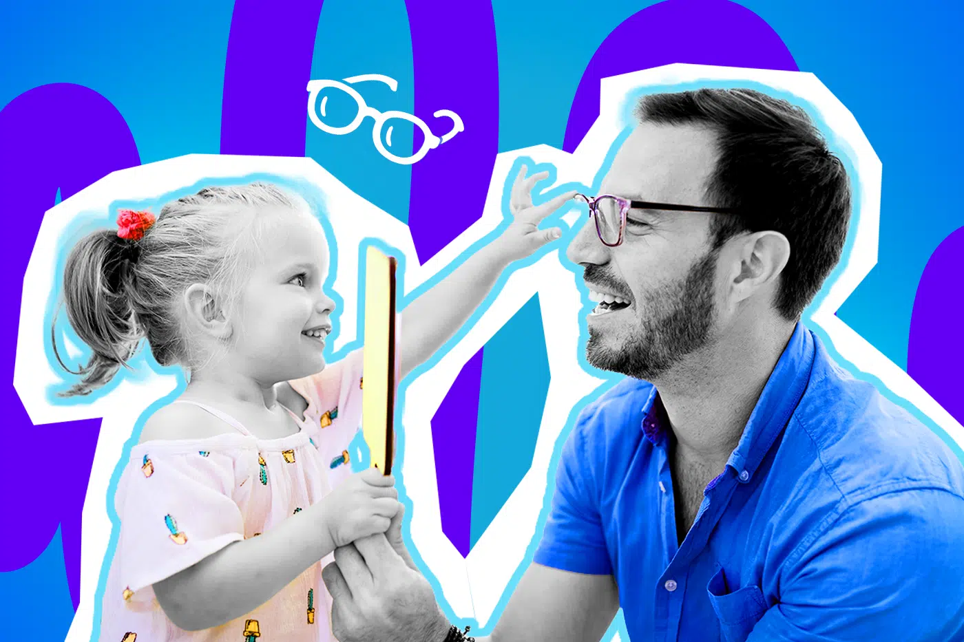 Humorvolle Collage zum Thema Alltag mit Brille, Sehschwäche und Familienleben: Auf der linken Seite steht ein kleines Mädchen in Schwarz-Weiß, das strahlend lacht und einen leuchtend gelben Handspiegel hält. Es trägt ein helles Oberteil mit kleinen Kakteen-Motiven und ein knallrotes Haargummi, das farblich stark hervortritt. Auf der rechten Seite sitzt ein lächelnder Mann in Schwarz-Weiß, der ein leuchtend blaues Hemd trägt. Das Mädchen greift fröhlich und spielerisch nach seinem Brillengestell. Ein weißes Brillen-Icon und das Pop-Art-Motiv vor einem markanten blau-violetten Wellen-Hintergrund visualisieren pointiert den klassischen Brillen-Alltag, die ständigen (Kinder-)Fingerabdrücke auf den Gläsern und die innige Hassliebe zum unverzichtbaren "Nasenfahrrad".
