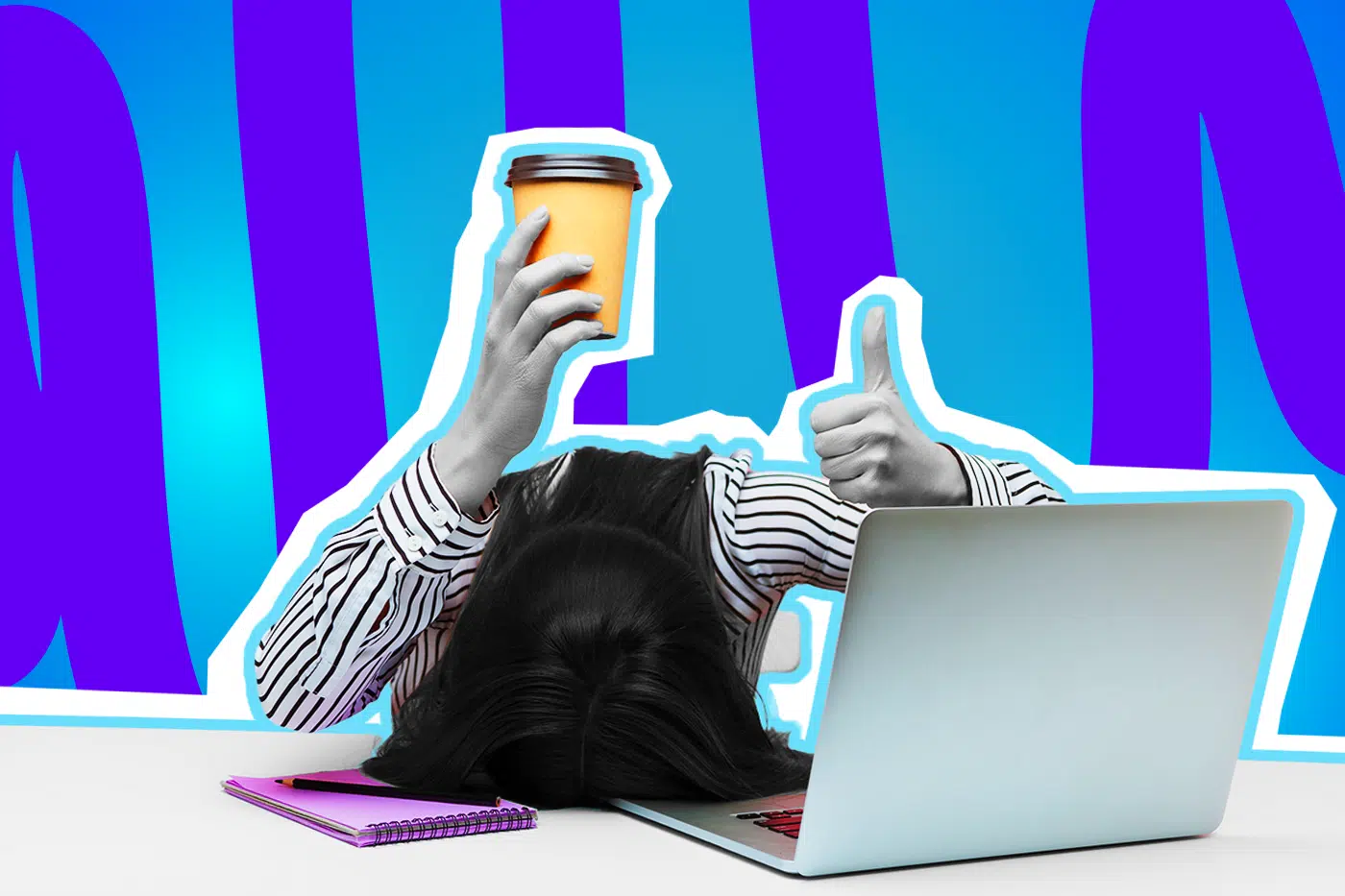Humorvolle Collage zum Thema Büroalltag, Übermüdung und Kaffeesucht: Im Zentrum liegt eine Frau in Schwarz-Weiß völlig erschöpft mit dem Gesicht nach unten auf der Tastatur ihres Laptops. Während sie resigniert auf dem Schreibtisch liegt, streckt sie mit der einen Hand einen leuchtend orangen Kaffeebecher triumphierend in die Höhe und zeigt mit der anderen Hand einen "Daumen hoch". Neben dem Laptop liegt ein knallig pinkes Notizbuch, das farblich ebenfalls extrem stark hervortritt. Das Pop-Art-Motiv vor einem markanten blau-violetten Wellen-Hintergrund visualisiert pointiert die absolute Abhängigkeit vom rettenden Bürokaffee, humorvolle Prokrastination und den täglichen Überlebenskampf am Arbeitsplatz.