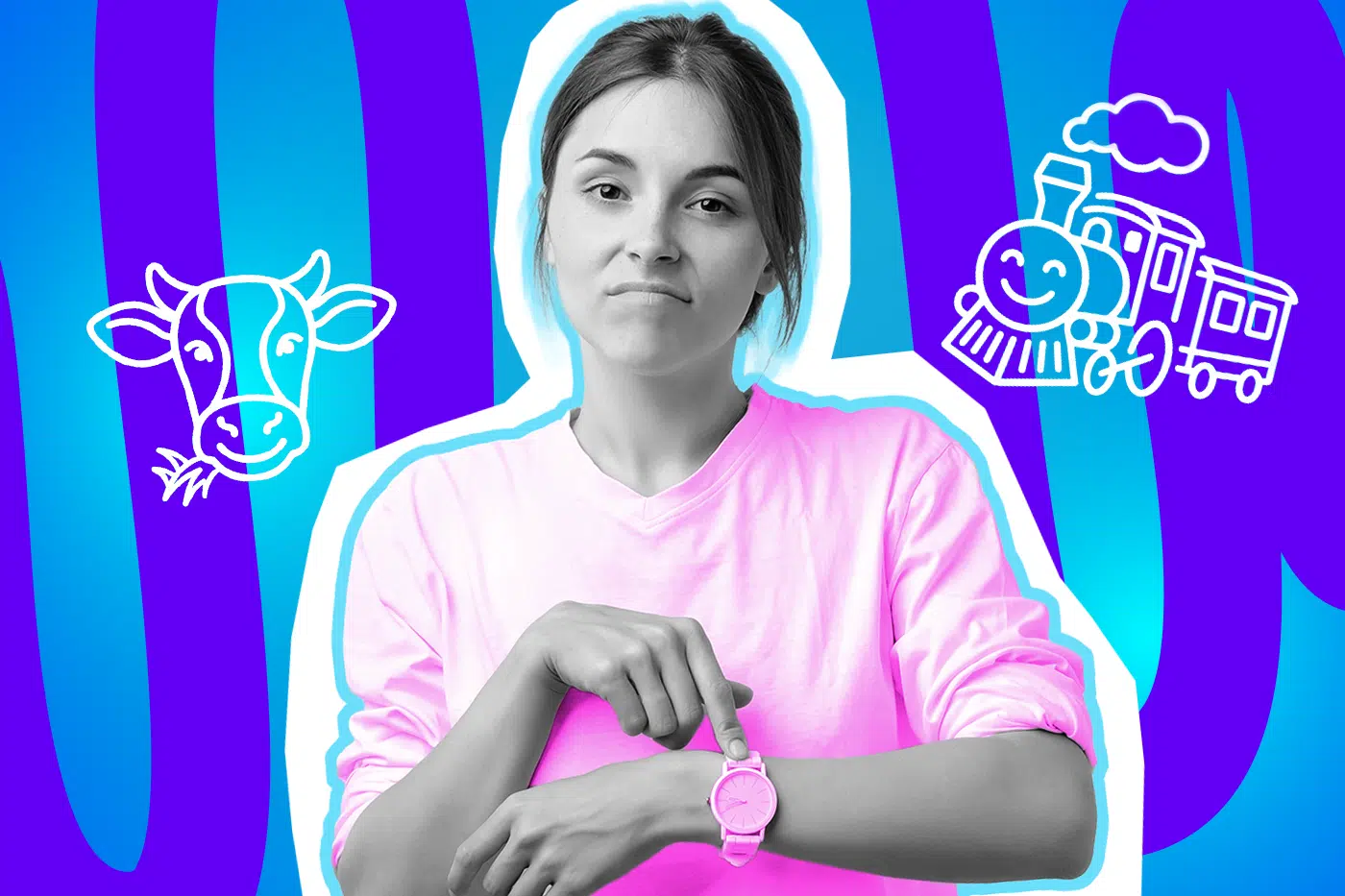 Humorvolle Collage zum Thema Stadtflucht und Dorfleben-Realität: Im Zentrum steht eine leicht genervt und ungeduldig blickende Frau in Schwarz-Weiß, die mit dem Zeigefinger auf ihre leuchtend pinkfarbene Armbanduhr tippt. Sie trägt ein farblich passendes, knallpinkes Langarmshirt, das stark hervortritt. Weiße Icons im Comic-Stil – eine kauende Kuh auf der linken und eine lächelnde Dampflokomotive auf der rechten Seite – sowie das Pop-Art-Motiv vor einem markanten blau-violetten Wellen-Hintergrund visualisieren pointiert die klassischen Klischees des Landlebens, den katastrophalen öffentlichen Nahverkehr und das typische "Der nächste Zug fährt hier erst wieder in drei Stunden!"-Gefühl auf dem Dorf.