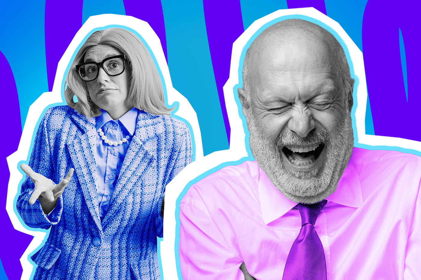 Humorvolle Collage zum Thema Büroalltag und Chef-Gespräche: Auf der linken Seite steht eine Frau in Schwarz-Weiß, die völlig irritiert und skeptisch blickt und fragend eine Hand hebt. Sie trägt ein klassisches, leuchtend blaues Kostüm mit Perlenkette und markanter Brille. Auf der rechten Seite steht ein kahlköpfiger Mann mit Bart in Schwarz-Weiß, der in einem knallpinken Hemd mit lila Krawatte aus vollem Hals und mit geschlossenen Augen lacht. Das Pop-Art-Motiv vor einem markanten blau-violetten Wellen-Hintergrund visualisiert pointiert die klassische Dynamik zwischen Angestellten und Vorgesetzten, den berühmt-berüchtigten "Chef-Humor" und die Momente, in denen man im Meeting einfach nur fassungslos ist.