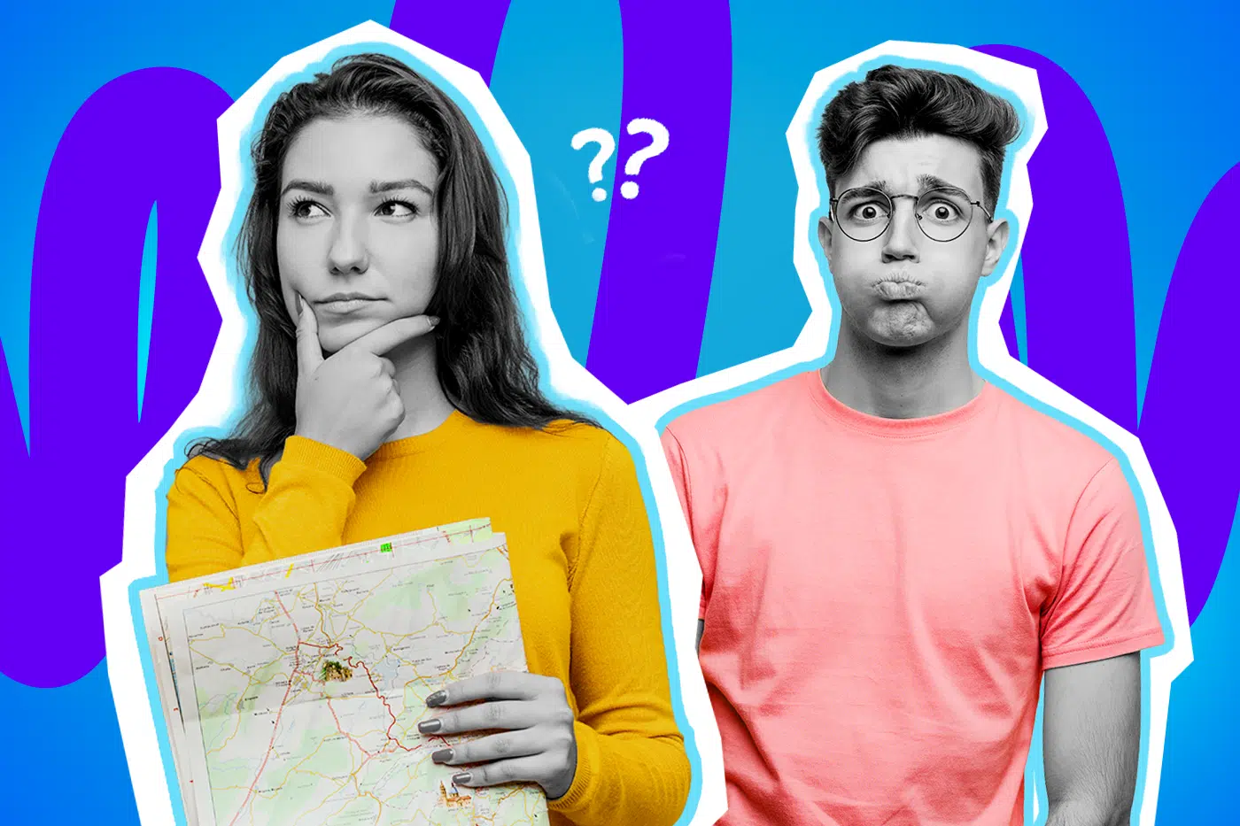 Humorvolle Collage zum Thema Orientierungslosigkeit, Straßenverkehr und Beziehungsstreit im Auto: Auf der linken Seite steht eine junge Frau in Schwarz-Weiß, die nachdenklich den Finger ans Kinn legt und skeptisch blickt, während sie eine aufgefaltete Landkarte in den Händen hält. Sie trägt einen leuchtend gelben Pullover, der farblich extrem stark hervortritt. Auf der rechten Seite blickt ein junger Mann in Schwarz-Weiß mit Brille völlig entnervt und gestresst direkt in die Kamera, während er resigniert die Wangen aufpustet. Er trägt ein knalliges lachsfarbenes T-Shirt. Weiße Fragezeichen-Icons zwischen den beiden sowie das Pop-Art-Motiv vor einem markanten blau-violetten Wellen-Hintergrund in der Datei "BestOf-Navigationsgeräte.jpg" visualisieren pointiert das absolute Chaos, die Verzweiflung und die unausweichlichen Diskussionen beim Versuch, ohne Navi ans Ziel zu kommen