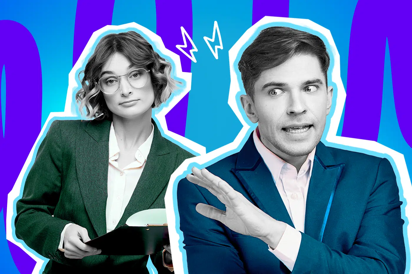Humorvolle Collage zum Thema Jobwechsel, erster Arbeitstag und Onboarding-Stress: Auf der linken Seite steht eine junge Frau in Schwarz-Weiß mit Brille, die äußerst skeptisch und streng von einem Klemmbrett aufblickt, das sie in den Händen hält. Sie trägt einen dunkelgrünen Blazer über einer weißen Bluse, was farblich extrem stark hervortritt. Auf der rechten Seite blickt ein Mann in Schwarz-Weiß sichtlich nervös und überfordert drein, während er sich mit einer abwehrend erhobenen Hand rechtfertigt. Er trägt ein leuchtend dunkelblaues Sakko über einem hellrosa Hemd. Weiße Blitz-Icons zwischen den beiden sowie das Pop-Art-Motiv vor einem markanten blau-violetten Wellen-Hintergrund visualisieren pointiert die angespannte Atmosphäre, die ungeschriebenen Büro-Regeln und die pure Panik am allerersten Arbeitstag unter den kritischen Blicken der neuen Kollegen.