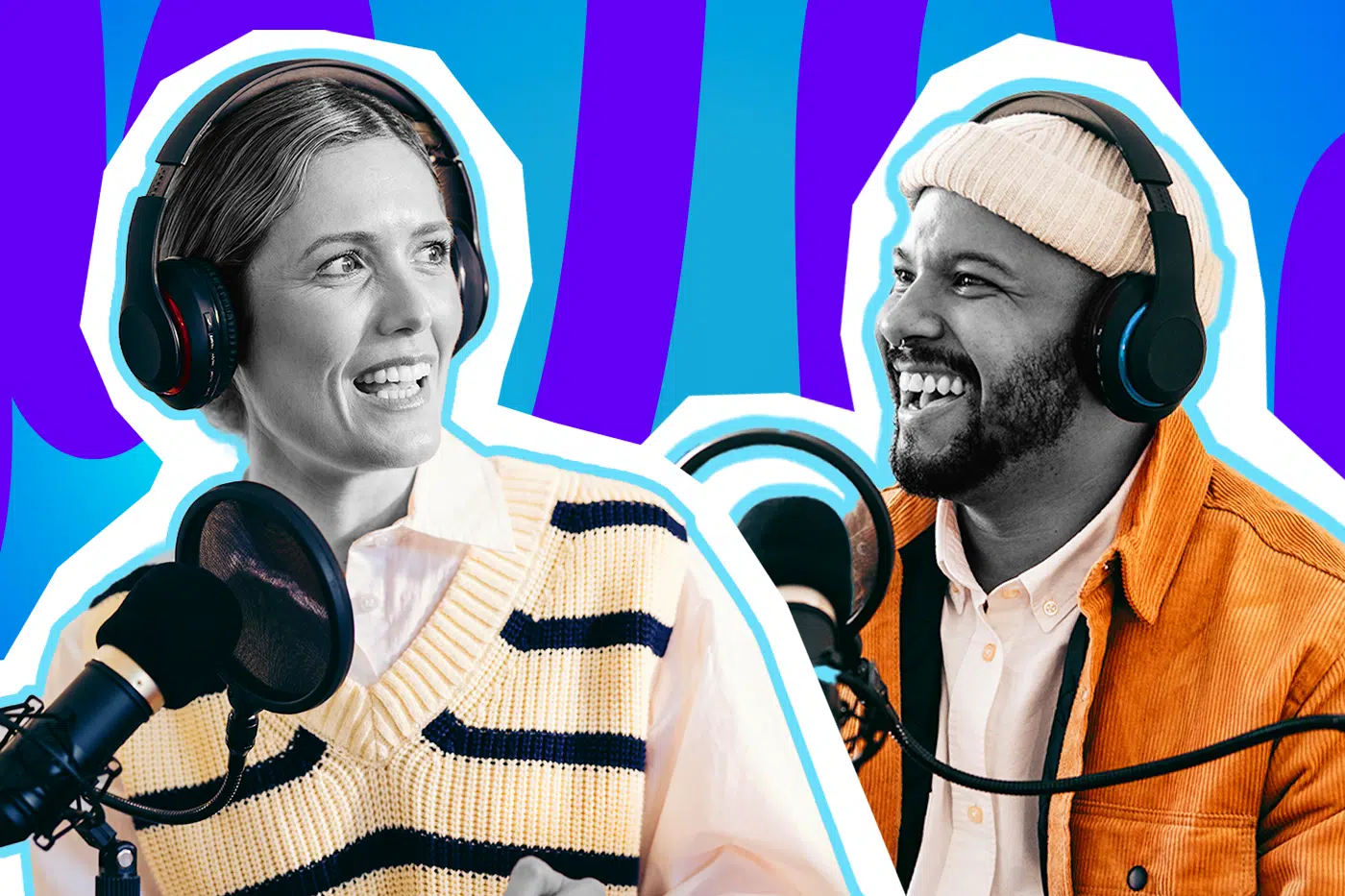 Humorvolle Collage zum Thema Podcast-Hype, Nischenwissen und True-Crime-Sucht: Auf der linken Seite spricht eine junge Frau in Schwarz-Weiß enthusiastisch in ein Mikrofon. Sie trägt große Kopfhörer und einen markanten, farblich hervorgehobenen cremefarbenen Pullunder mit dunkelblauen Streifen über einer weißen Bluse. Auf der rechten Seite lacht ein Mann in Schwarz-Weiß fröhlich in sein Mikrofon. Er trägt eine helle Beanie-Mütze und eine leuchtend orangefarbene Cordjacke, die farblich extrem stark hervortritt. Das Pop-Art-Motiv vor einem markanten blau-violetten Wellen-Hintergrund visualisiert pointiert die dynamische, lockere Studio-Atmosphäre eines Podcasts und die absolute Begeisterung, mit der Hosts und Zuhörer in stundenlange Gespräche über True Crime, Geschichte oder völlig absurdes Alltagswissen eintauchen.