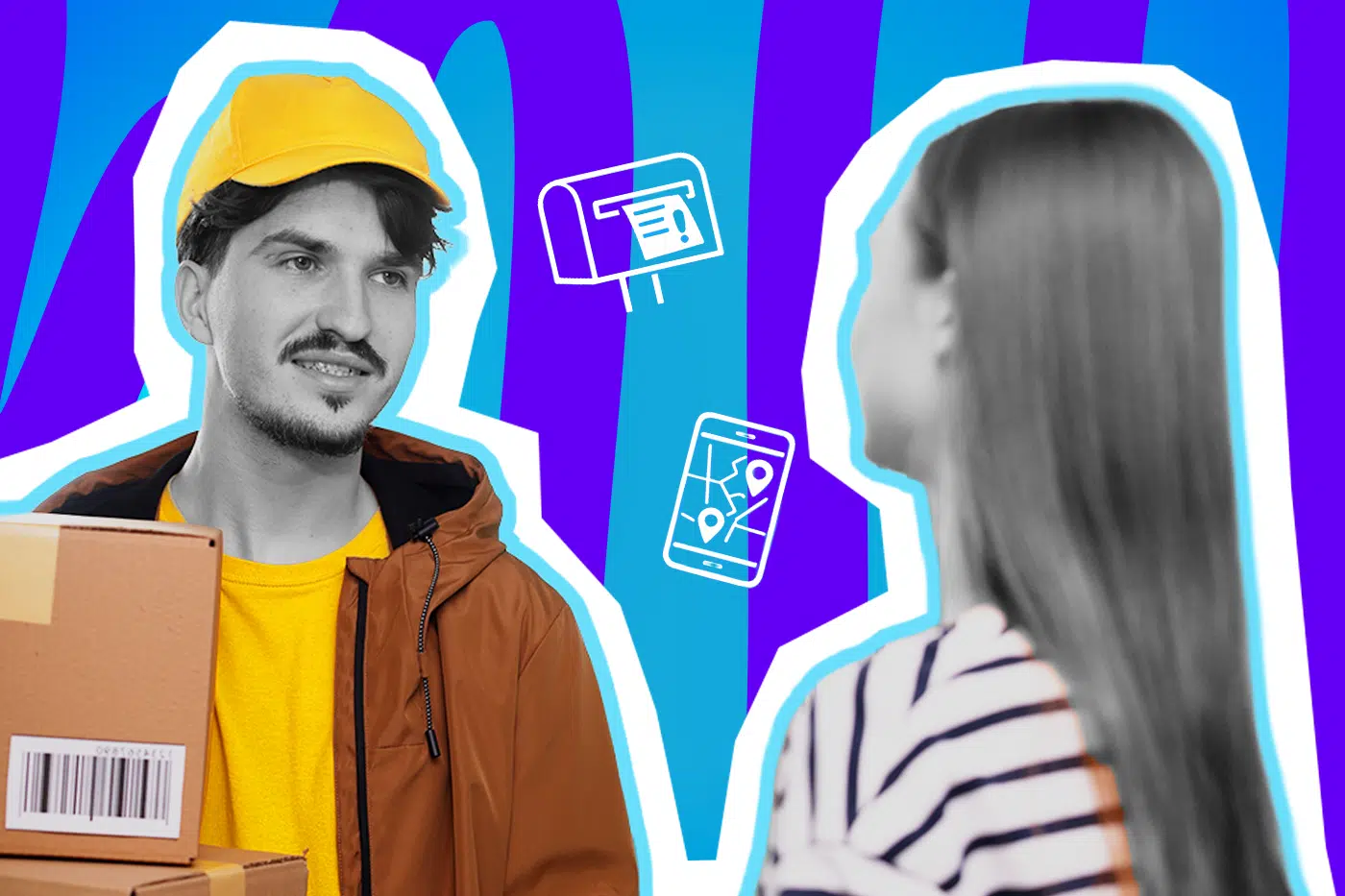 Humorvolle Collage zum Thema Online-Shopping, Sendungsverfolgung und das endlose Warten auf den Paketboten: Auf der linken Seite steht ein junger Zusteller in Schwarz-Weiß, der leicht erschöpft, aber geduldig blickt und gestapelte Pappkartons mit Barcodes in den Händen hält. Er trägt eine leuchtend gelbe Kappe, ein knallgelbes T-Shirt und eine braune Jacke, die farblich extrem stark hervortreten. Auf der rechten Seite steht ihm eine Frau in Schwarz-Weiß im gestreiften Oberteil erwartungsvoll gegenüber. Weiße Icons eines Briefkastens mit Abholzettel und eines Smartphones mit einer GPS-Tracking-Karte sowie das Pop-Art-Motiv vor einem markanten blau-violetten Wellen-Hintergrund visualisieren pointiert den nervenaufreibenden Alltags-Wahnsinn der Paketzustellung und den panischen Blick auf die Live-Verfolgung in der App.