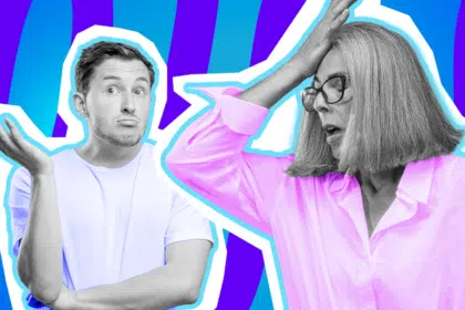 Humorvolle Collage zum Thema Büroalltag, Praktikum und Generationen-Clash am Arbeitsplatz: Auf der linken Seite steht ein Mann in Schwarz-Weiß, der in einem hellblauen T-Shirt völlig ahnungslos mit den Schultern zuckt, die Lippen schürzt und fragend eine Hand hebt. Auf der rechten Seite schlägt sich eine Frau in Schwarz-Weiß mit Brille völlig entnervt und fassungslos die Hand an die Stirn (Facepalm). Sie trägt eine leuchtend pinkfarbene Bluse, die farblich stark hervortritt. Das Pop-Art-Motiv vor einem markanten blau-violetten Wellen-Hintergrund visualisiert pointiert das klassische "Praktikanten-Chaos", die steile Lernkurve im ersten Job und den verzweifelten Moment, wenn man als Betreuer*in einfach nur noch aufgeben möchte.