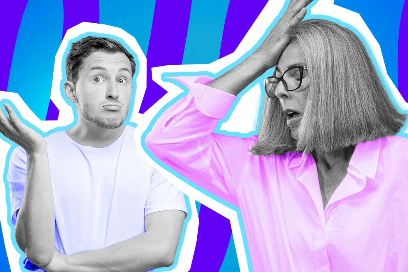Humorvolle Collage zum Thema Büroalltag, Praktikum und Generationen-Clash am Arbeitsplatz: Auf der linken Seite steht ein Mann in Schwarz-Weiß, der in einem hellblauen T-Shirt völlig ahnungslos mit den Schultern zuckt, die Lippen schürzt und fragend eine Hand hebt. Auf der rechten Seite schlägt sich eine Frau in Schwarz-Weiß mit Brille völlig entnervt und fassungslos die Hand an die Stirn (Facepalm). Sie trägt eine leuchtend pinkfarbene Bluse, die farblich stark hervortritt. Das Pop-Art-Motiv vor einem markanten blau-violetten Wellen-Hintergrund visualisiert pointiert das klassische "Praktikanten-Chaos", die steile Lernkurve im ersten Job und den verzweifelten Moment, wenn man als Betreuer*in einfach nur noch aufgeben möchte.