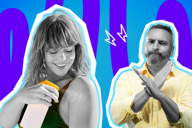 Humorvolle Collage zum Thema Sonnenschutz, Hautpflege und absurde Sommer-Mythen: Auf der linken Seite steht eine junge Frau in Schwarz-Weiß, die mit geschlossenen Augen und einem fröhlichen Lächeln Sonnencreme auf ihre Schulter sprüht. Auf ihrer Nase ist ein kleiner Klecks Creme zu sehen. Sie trägt ein dunkelgrünes Oberteil und hält eine leuchtend orangefarbene Sonnencreme-Flasche, die farblich stark hervortritt. Auf der rechten Seite blickt ein bärtiger Mann in Schwarz-Weiß äußerst skeptisch und abwehrend drein, während er die Arme zu einem deutlichen "X" (Stopp-Zeichen) vor der Brust kreuzt. Er trägt ein knallgelbes Hemd. Weiße Blitz-Icons zwischen den beiden sowie das Pop-Art-Motiv vor einem markanten blau-violetten Wellen-Hintergrund visualisieren pointiert den absurden Konflikt zwischen verantwortungsvollem Sonnenschutz und der unfassbaren Haltung von Sonnencreme-Verweigerern.