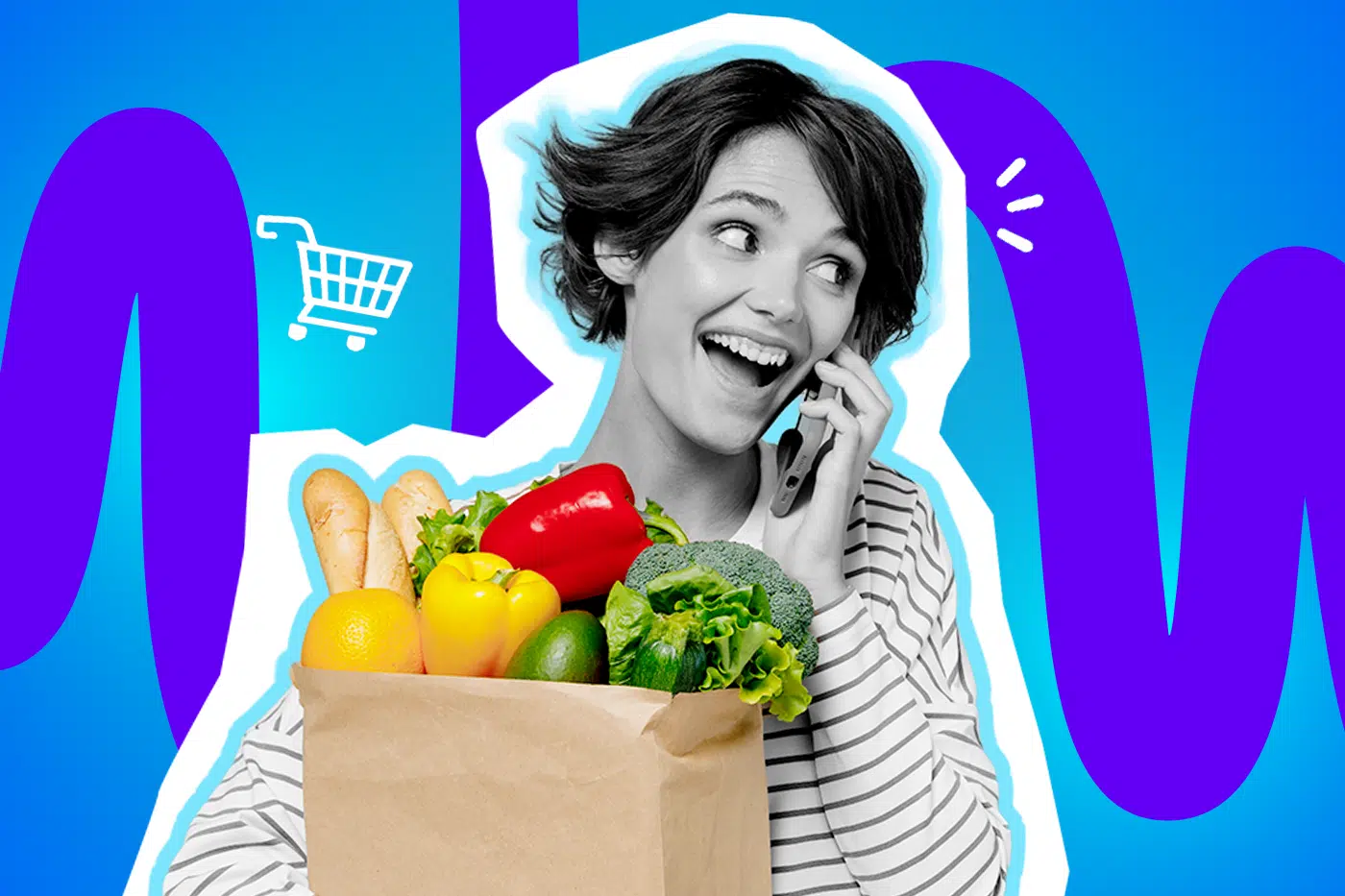 Humorvolle Collage zum Thema Einkaufen und Supermarkt-Eskapaden: Eine fröhlich lachende Frau in Schwarz-Weiß telefoniert angeregt mit ihrem Smartphone und blickt begeistert zur Seite. Sie trägt ein lässiges Ringelshirt und hält eine prall gefüllte, braune Papiertüte im Arm. Der Inhalt der Einkaufstüte – frisches Gemüse wie eine rote und gelbe Paprika, Brokkoli, knackiger Salat sowie Orangen und Baguette – leuchtet in extrem kräftigen Farben. Ein weißes Einkaufswagen-Icon und das Pop-Art-Motiv vor einem markanten blau-violetten Wellen-Hintergrund visualisieren pointiert den klassischen Kaufrausch, den unwiderstehlichen Reiz von Spontankäufen und das typische "Ich wollte doch eigentlich nur eine Sache kaufen!"-Gefühl.