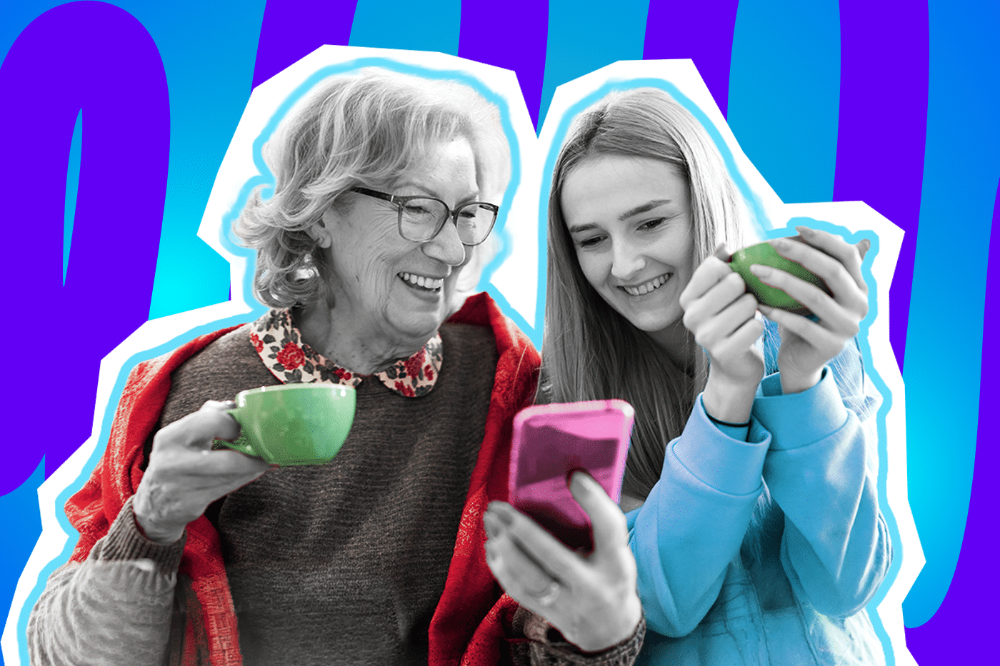 Harmonische Collage zum Thema Technik im Alltag, Generationenhilfe und der gemeinsame Kampf mit bockigen Geräten: Auf der linken Seite sitzt eine ältere Dame mit Brille, deren Gesicht, Haare und Hände in Schwarz-Weiß gehalten sind. Sie lächelt fröhlich und hält ein Smartphone in einer leuchtend pink-magenta-farbenen Hülle sowie eine knallgrüne Tasse in den Händen. Ihr tiefrotes Tuch über den Schultern und der bunte, geblümte Kragen ihres Pullovers treten farblich extrem stark hervor. Rechts neben ihr sitzt eine junge Frau, deren Gesicht, Haare und Hände ebenfalls in Schwarz-Weiß gehalten sind. Sie blickt amüsiert auf das Display und umfasst ebenfalls eine knallgrüne Tasse. Ihr leuchtend hellblauer Hoodie sticht farblich ebenfalls extrem stark heraus. Das Pop-Art-Motiv vor einem markanten blau-violetten Wellen-Hintergrund visualisiert pointiert das vertraute Bild der familiären Generationenhilfe, wenn die Enkelin mal wieder als IT-Support einspringen muss, das verstellte Smartphone repariert und am Ende trotz aller alltäglichen Technik-Frustration das gemeinsame Lachen überwiegt.