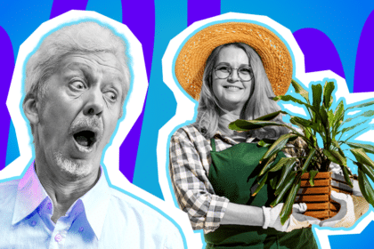 Humorvolle Collage zum Thema Gartenarbeit, Vorgärten und Nachbarschaft: Auf der linken Seite blickt ein älterer Mann in Schwarz-Weiß mit weit aufgerissenem Mund und großen Augen völlig schockiert (oder absolut beeindruckt) zur Seite. Sein Hemd sticht in einem leuchtenden Helllila farblich stark hervor. Auf der rechten Seite steht eine lächelnde Frau in Schwarz-Weiß, die stolz einen großen Holz-Pflanzkasten mit üppigen, tiefgrünen Blättern in den Händen hält. Sie trägt einen leuchtend orangegelben Strohhut und eine knallgrüne Gartenschürze. Das Pop-Art-Motiv vor einem markanten blau-violetten Wellen-Hintergrund visualisiert pointiert den nachbarschaftlichen Kontrast zwischen tristen Steinwüsten und blühender Artenvielfalt sowie den Moment, wenn der liebe Nachbar fassungslos den eigenen, grünen Daumen bewundert.