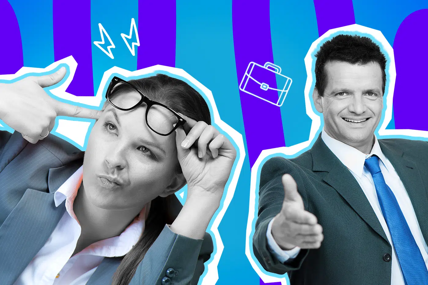 Humorvolle Collage zum Thema absurde Vorstellungsgespräche, Bewerbungswahnsinn und verrückte Interview-Fragen: Auf der linken Seite blickt eine Bewerberin in Schwarz-Weiß sichtlich irritiert und genervt nach oben, während sie ihre Brille anhebt und sich vielsagend mit dem Finger an die Schläfe tippt. Auf der rechten Seite steht ihr ein übertrieben freundlich lächelnder Personaler in Schwarz-Weiß gegenüber, der ihr die Hand zum Gruß entgegenstreckt. Er trägt einen dunkelgrünen Anzug und eine leuchtend blaue Krawatte, die farblich extrem stark hervortreten. Ein weißes Aktenkoffer-Icon, weiße Blitz-Icons sowie das Pop-Art-Motiv vor einem markanten blau-violetten Wellen-Hintergrund visualisieren pointiert die oft völlig absurde und realitätsferne Dynamik moderner Job-Interviews, bei denen Bewerber bei all den seltsamen Fragen langsam an ihrem eigenen Verstand zweifeln.