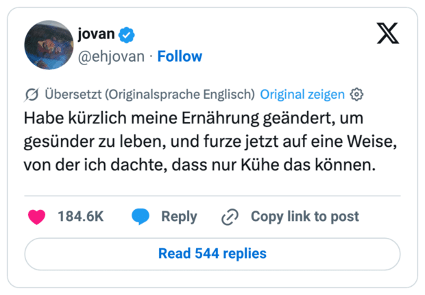Habe kürzlich meine Ernährung geändert, um gesünder zu leben, und furze jetzt auf eine Weise, von der ich dachte, dass nur Kühe das können.
