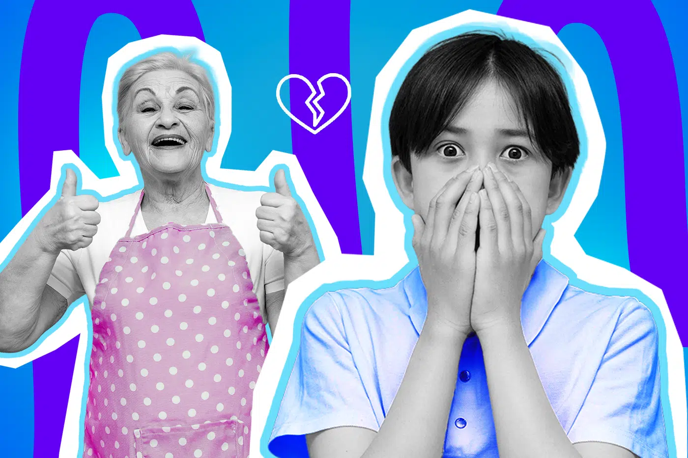 Emotionale Collage zum Thema Kindheitserinnerungen und Generationenkonflikte am Esstisch: Auf der linken Seite steht eine ältere Frau in Schwarz-Weiß, die fröhlich strahlt und mit beiden Händen triumphierend den Daumen nach oben zeigt. Sie trägt eine leuchtend pinkfarbene Schürze mit weißen Punkten. Auf der rechten Seite steht ein Junge in Schwarz-Weiß, der in einem hellblauen Hemd völlig schockiert und entsetzt die Hände vor den Mund schlägt und mit aufgerissenen Augen in die Kamera blickt. Ein weißes Icon eines gebrochenen Herzens in der Mitte und das Pop-Art-Motiv vor einem markanten blau-violetten Wellen-Hintergrund visualisieren pointiert den krassen Kontrast zwischen der (vermeintlich) guten alten Zeit und einem echten, traumatischen Schockmoment in der Kindheit.