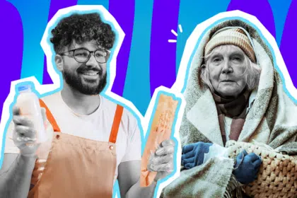 Emotionale Collage zum Thema Nächstenliebe, Obdachlosigkeit und selbstlose Hilfsbereitschaft: Auf der linken Seite steht ein lächelnder junger Mann in Schwarz-Weiß mit Locken und Brille, der eine leuchtend orangefarbene Schürze trägt, die farblich stark hervortritt. Er reicht fröhlich eine verpackte Mahlzeit und ein Getränk nach vorne. Auf der rechten Seite blickt eine ältere, stark in Decken gehüllte Person in Schwarz-Weiß mit einer dicken Mütze und leuchtend blauen Handschuhen ernst, erschöpft und frierend in die Kamera. Das Pop-Art-Motiv vor einem markanten blau-violetten Wellen-Hintergrund visualisiert pointiert den harten Kontrast zwischen unserem alltäglichen Überfluss und bitterer Armut sowie den herzerwärmenden Moment, wenn ein lokaler Gastronom zum echten "Ehrenmann" wird und bedingungslos hilft.