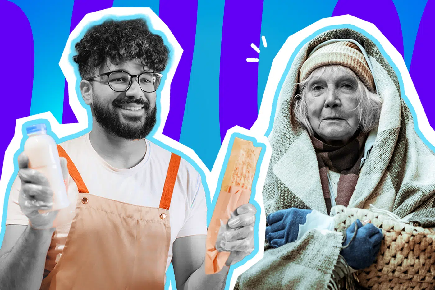 Emotionale Collage zum Thema Nächstenliebe, Obdachlosigkeit und selbstlose Hilfsbereitschaft: Auf der linken Seite steht ein lächelnder junger Mann in Schwarz-Weiß mit Locken und Brille, der eine leuchtend orangefarbene Schürze trägt, die farblich stark hervortritt. Er reicht fröhlich eine verpackte Mahlzeit und ein Getränk nach vorne. Auf der rechten Seite blickt eine ältere, stark in Decken gehüllte Person in Schwarz-Weiß mit einer dicken Mütze und leuchtend blauen Handschuhen ernst, erschöpft und frierend in die Kamera. Das Pop-Art-Motiv vor einem markanten blau-violetten Wellen-Hintergrund visualisiert pointiert den harten Kontrast zwischen unserem alltäglichen Überfluss und bitterer Armut sowie den herzerwärmenden Moment, wenn ein lokaler Gastronom zum echten "Ehrenmann" wird und bedingungslos hilft.