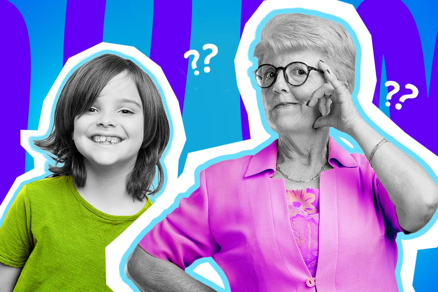 Ausdrucksstarke Collage zum Thema Geschlechterklischees, Vorurteile und Generationenkonflikt: Auf der linken Seite strahlt ein Kind in Schwarz-Weiß mit schulterlangen Haaren fröhlich und unbeschwert in die Kamera. Es trägt ein leuchtend grünes T-Shirt, das farblich stark hervortritt. Auf der rechten Seite blickt eine ältere Frau in Schwarz-Weiß mit runder Brille äußerst skeptisch und verwirrt drein, während sie sich fragend an das Brillengestell fasst. Sie trägt eine knallig pinkfarbene Bluse. Weiße Fragezeichen-Icons und das Pop-Art-Motiv vor einem markanten blau-violetten Wellen-Hintergrund visualisieren pointiert die Irritation älterer Generationen, das Festhalten an veralteten Stereotypen und den absurden Moment, wenn wildfremde Menschen aufgrund einer Frisur das Geschlecht eines Kindes bestimmen wollen.