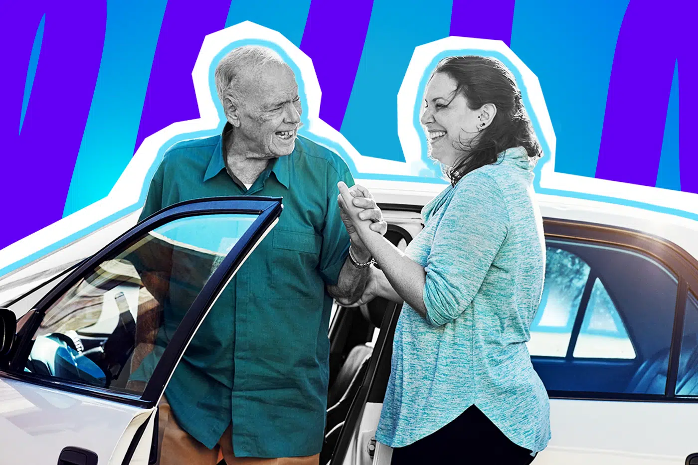 Emotionale Collage zum Thema Hilfsbereitschaft und Nächstenliebe im Alltag: Im Zentrum stehen zwei Personen in Schwarz-Weiß an der geöffneten Tür eines weißen Autos. Auf der linken Seite lächelt ein älterer Herr dankbar und sichtlich erleichtert. Er trägt ein leuchtend petrolfarbenes Hemd, das farblich stark hervortritt. Auf der rechten Seite steht eine jüngere Frau, die ein hellblau meliertes Oberteil trägt. Sie lacht fröhlich und hält behutsam und stützend die Hand des älteren Mannes. Das Pop-Art-Motiv vor einem markanten blau-violetten Wellen-Hintergrund visualisiert pointiert die Themen Zivilcourage, generationsübergreifende Unterstützung und das berührende Gefühl, wenn Wildfremde in einer Stresssituation plötzlich zu echten Schutzengeln werden.