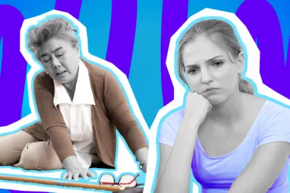 Emotionale Collage zum Thema Zivilcourage und mangelnde Hilfsbereitschaft: Auf der linken Seite sitzt eine ältere Frau in Schwarz-Weiß sichtlich erschöpft, gestürzt und hilflos auf dem Boden, während sie sich mit einer Hand abstützt. Sie trägt eine braune Strickjacke über einer hellen Bluse, die farblich stark hervortritt. Vor ihr auf dem Boden liegen ein Gehstock und eine Brille mit rotem Gestell. Auf der rechten Seite blickt eine jüngere Frau in Schwarz-Weiß traurig, nachdenklich und fassungslos nach unten, während sie ihren Kopf auf die Hand stützt. Sie trägt ein leuchtend lilafarbenes T-Shirt. Das Pop-Art-Motiv vor einem markanten blau-violetten Wellen-Hintergrund visualisiert pointiert den schmerzhaften Moment der Hilflosigkeit im öffentlichen Raum, den sogenannten Bystander-Effekt und das frustrierende Gefühl, wenn Mitmenschen in einer Notsituation einfach wegschauen.