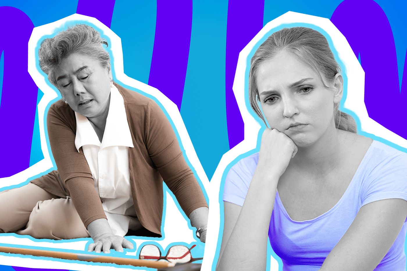 Emotionale Collage zum Thema Zivilcourage und mangelnde Hilfsbereitschaft: Auf der linken Seite sitzt eine ältere Frau in Schwarz-Weiß sichtlich erschöpft, gestürzt und hilflos auf dem Boden, während sie sich mit einer Hand abstützt. Sie trägt eine braune Strickjacke über einer hellen Bluse, die farblich stark hervortritt. Vor ihr auf dem Boden liegen ein Gehstock und eine Brille mit rotem Gestell. Auf der rechten Seite blickt eine jüngere Frau in Schwarz-Weiß traurig, nachdenklich und fassungslos nach unten, während sie ihren Kopf auf die Hand stützt. Sie trägt ein leuchtend lilafarbenes T-Shirt. Das Pop-Art-Motiv vor einem markanten blau-violetten Wellen-Hintergrund visualisiert pointiert den schmerzhaften Moment der Hilflosigkeit im öffentlichen Raum, den sogenannten Bystander-Effekt und das frustrierende Gefühl, wenn Mitmenschen in einer Notsituation einfach wegschauen.