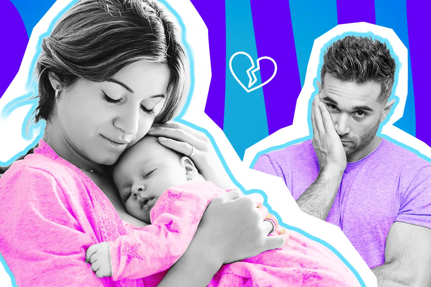 Emotionale Collage zum Thema Einschlafbegleitung und Beziehungsstress: Auf der linken Seite sieht man eine Mutter in Schwarz-Weiß, die mit geschlossenen Augen friedlich (und sichtlich erschöpft) ihr schlafendes Baby an die Brust drückt. Die Mutter trägt ein leuchtend pinkfarbenes Oberteil, das Baby einen farblich passenden pinken Strampler. Auf der rechten Seite steht ein Mann in Schwarz-Weiß, der in einem lilafarbenen T-Shirt genervt und frustriert sein Gesicht in die Hand stützt und vorwurfsvoll dreinblickt. Ein weißes Icon eines gebrochenen Herzens in der Mitte sowie das Pop-Art-Motiv vor einem markanten blau-violetten Wellen-Hintergrund visualisieren pointiert den absurden Vorwurf, die elterliche Erschöpfung und den toxischen Druck, nach dem kräftezehrenden Zu-Bett-Bringen der Kinder auch noch als perfekte Partnerin funktionieren zu müssen.