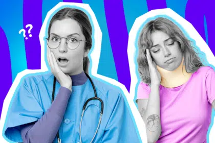 Ausdrucksstarke Collage zum Thema Medical Gaslighting und strukturelle Benachteiligung von Frauen in der Medizin: Auf der linken Seite blickt eine Ärztin in Schwarz-Weiß mit Brille völlig schockiert und ratlos in die Kamera, während sie sich eine Hand an die Wange schlägt. Sie trägt einen leuchtend blauen Kasack und ein Stethoskop um den Hals. Auf der rechten Seite steht eine junge Patientin in Schwarz-Weiß, die mit geschlossenen Augen und schmerzverzerrtem Gesicht erschöpft die Hand an den Kopf legt. Sie trägt eine knallgelbe Halskrause und ein leuchtend pinkes T-Shirt. Weiße Fragezeichen-Icons und das Pop-Art-Motiv vor einem markanten blau-violetten Wellen-Hintergrund visualisieren pointiert das frustrierende und oft gefährliche Phänomen, wenn Frauen mit starken Schmerzen im medizinischen System nicht ernst genommen oder ihre Symptome verharmlost werden.